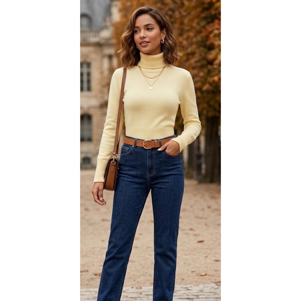 Zara Womens Small Pale Yellow Knit Turtleneck Sweater Long Sleeve Ribbed Trim